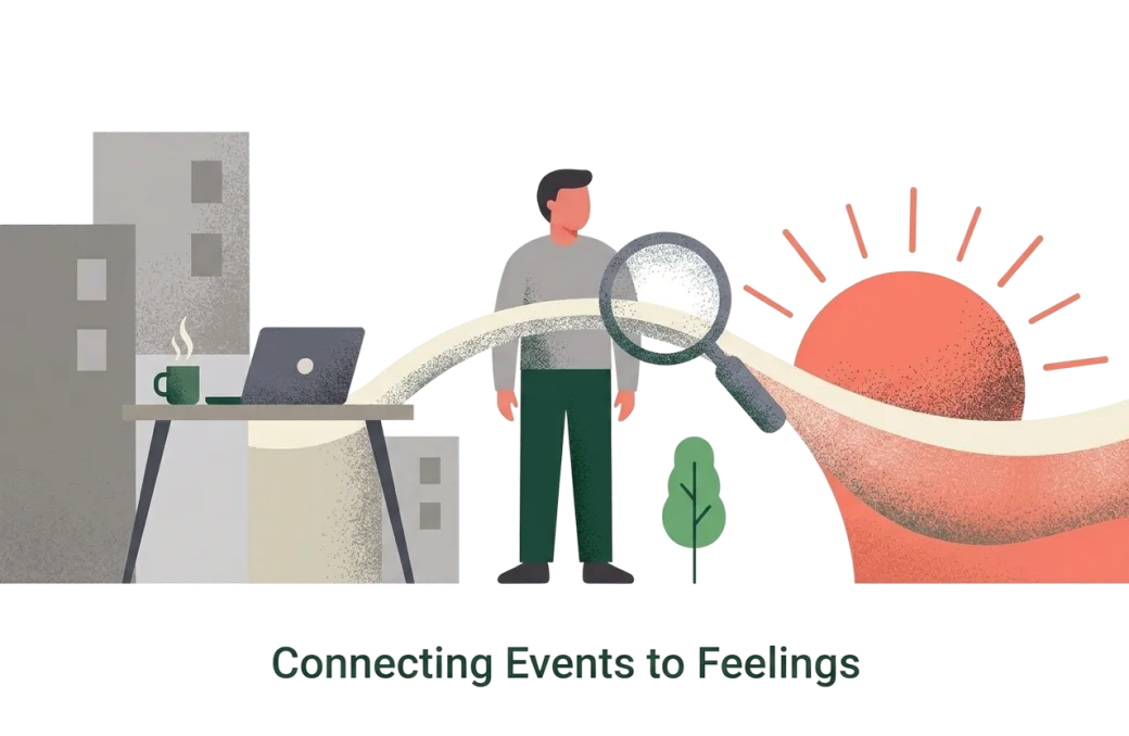 A person following a path from their work desk toward a rising sun, looking closely at what connects.